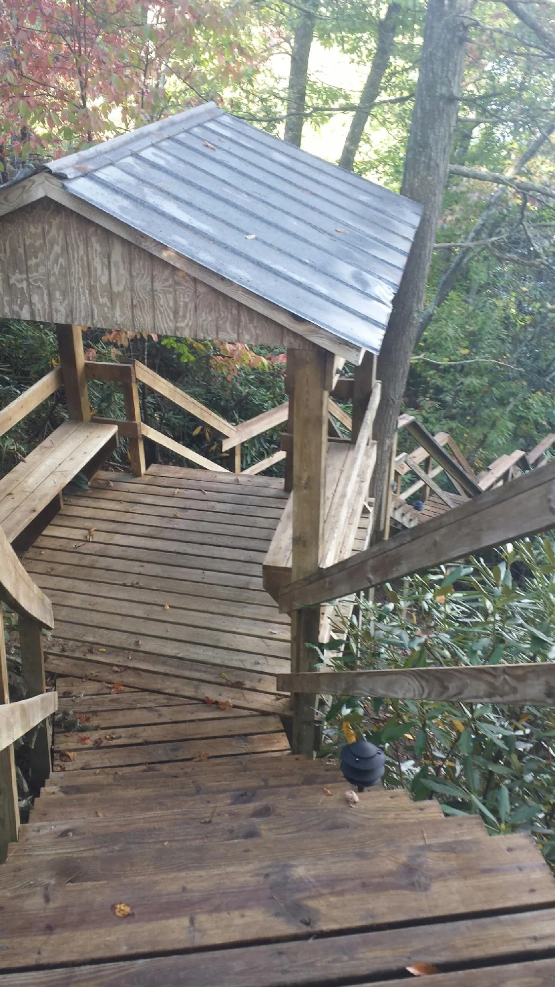 Metal roofed shelter over wooden steps on a wooded walkway — Skylight Repair & Installation work by our crew in Lake Mills